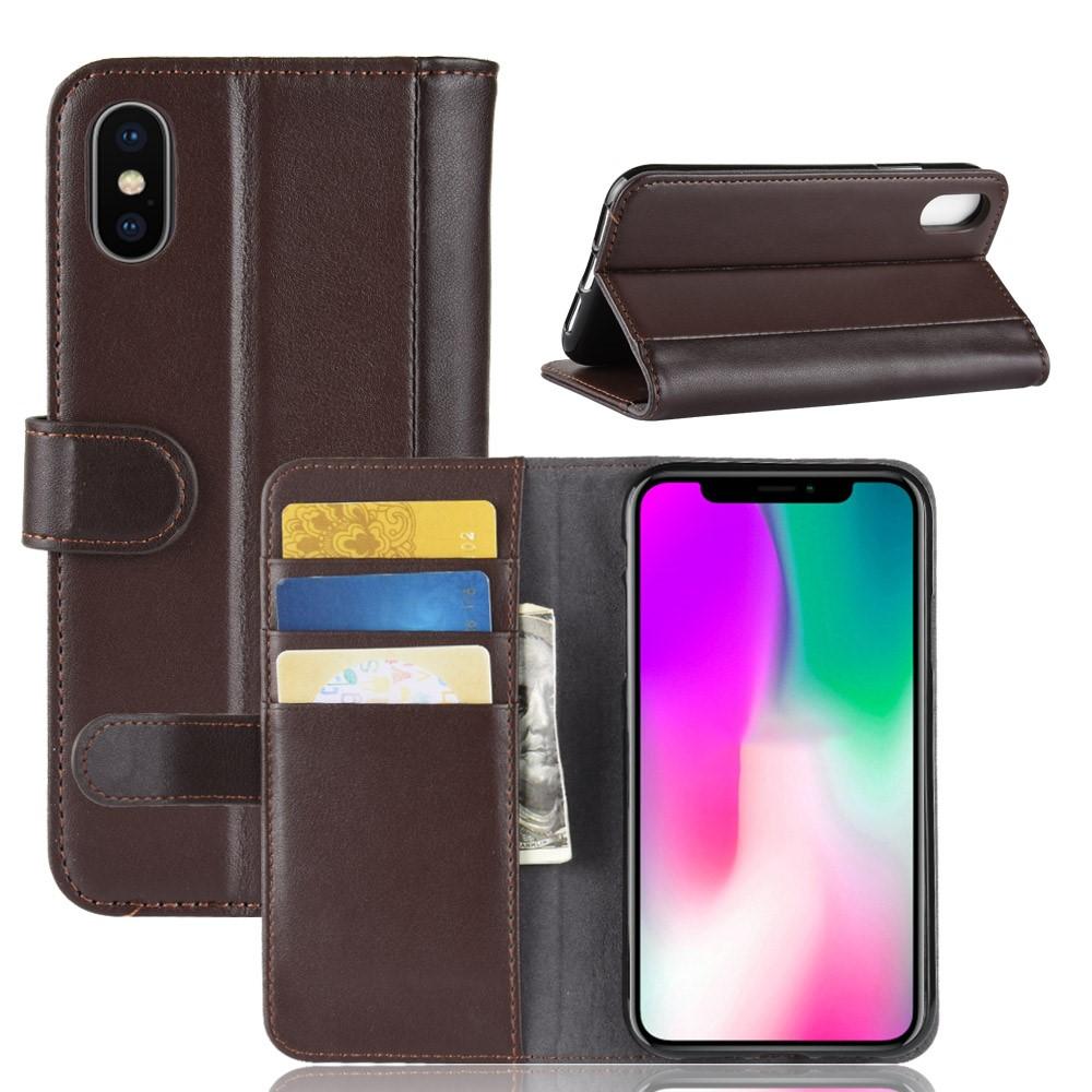 Custodia a portafoglio in vera pelle iPhone Xr, marrone