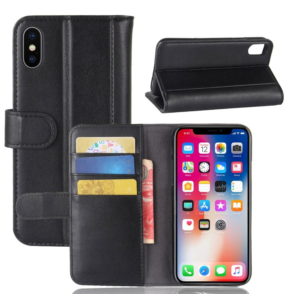 Custodia a portafoglio in vera pelle iPhone X/XS, nero