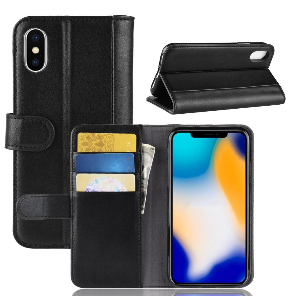 Custodia a portafoglio in vera pelle iPhone Xs Max, nero