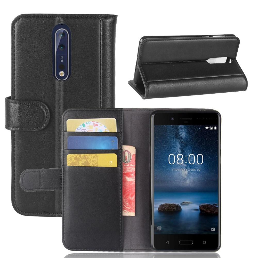 Custodia a portafoglio in vera pelle Nokia 8, nero