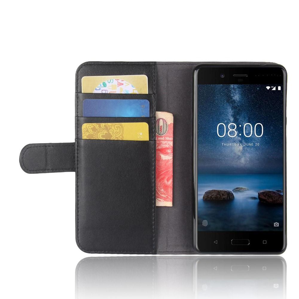 Custodia a portafoglio in vera pelle Nokia 8, nero