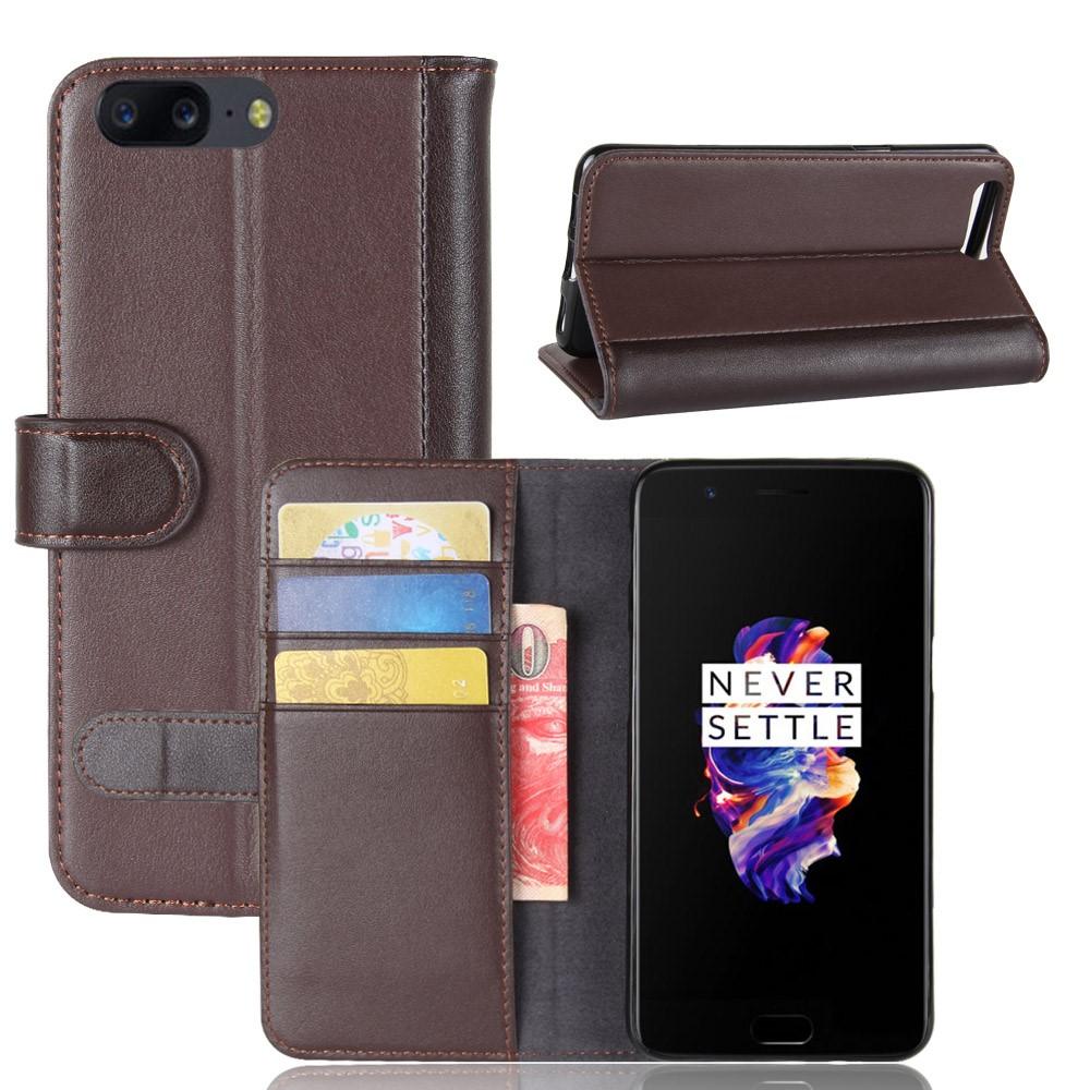 Custodia a portafoglio in vera pelle OnePlus 5, marrone
