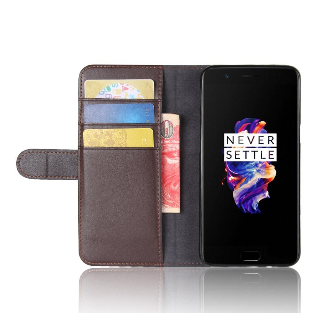 Custodia a portafoglio in vera pelle OnePlus 5, marrone