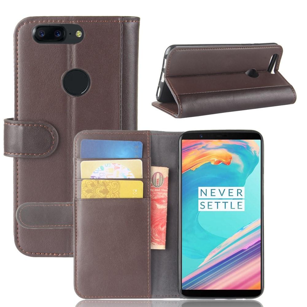 Custodia a portafoglio in vera pelle OnePlus 5T, marrone