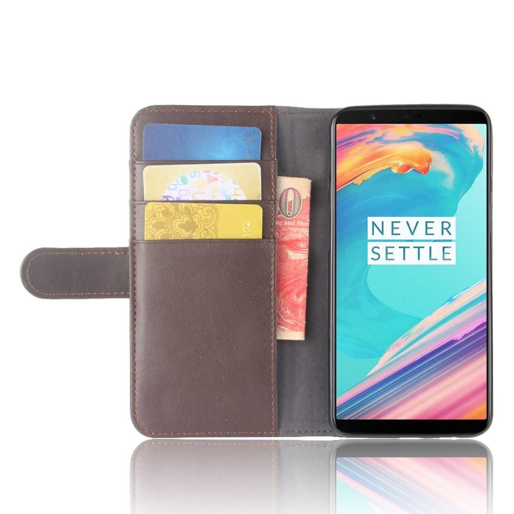 Custodia a portafoglio in vera pelle OnePlus 5T, marrone