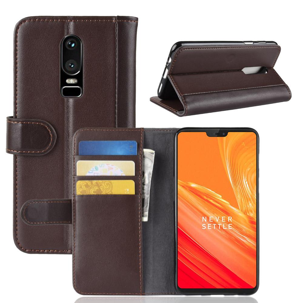 Custodia a portafoglio in vera pelle OnePlus 6, marrone