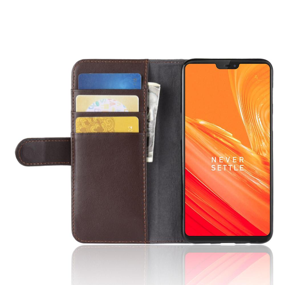 Custodia a portafoglio in vera pelle OnePlus 6, marrone