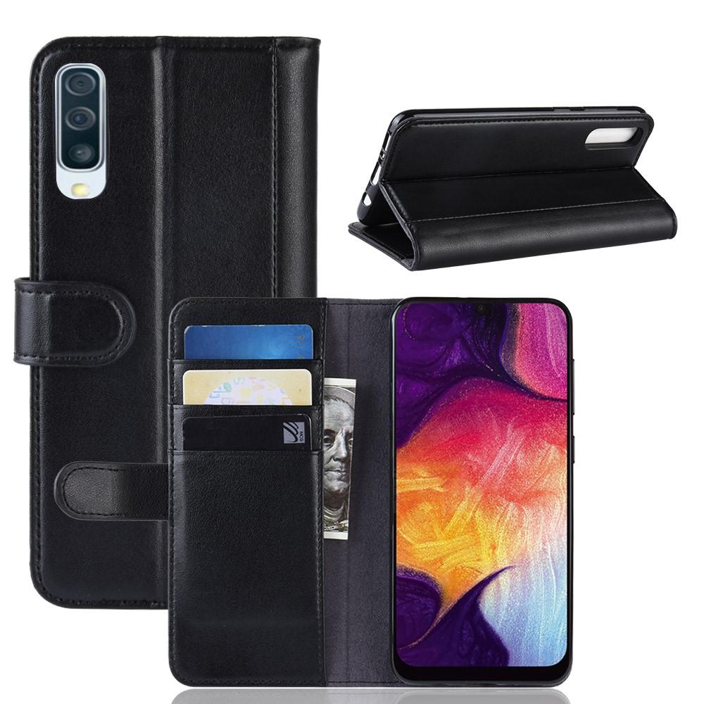 Custodia a portafoglio in vera pelle Samsung Galaxy A50, nero