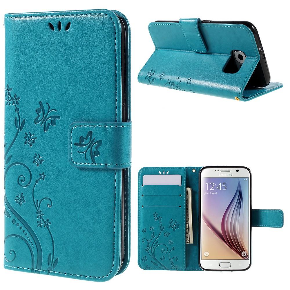 Custodia in pelle a farfalle per Samsung Galaxy S6, blu