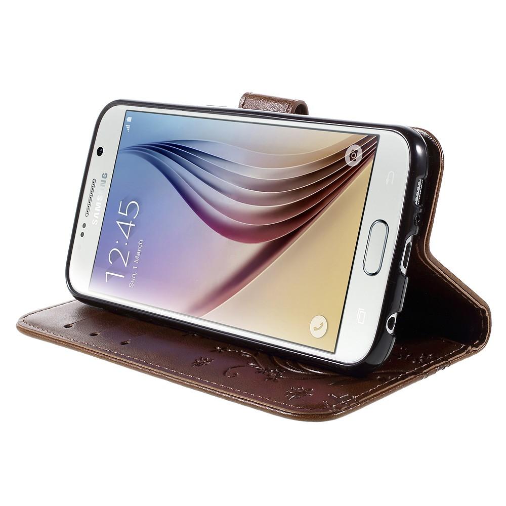 Custodia in pelle a farfalle per Samsung Galaxy S6, marrone