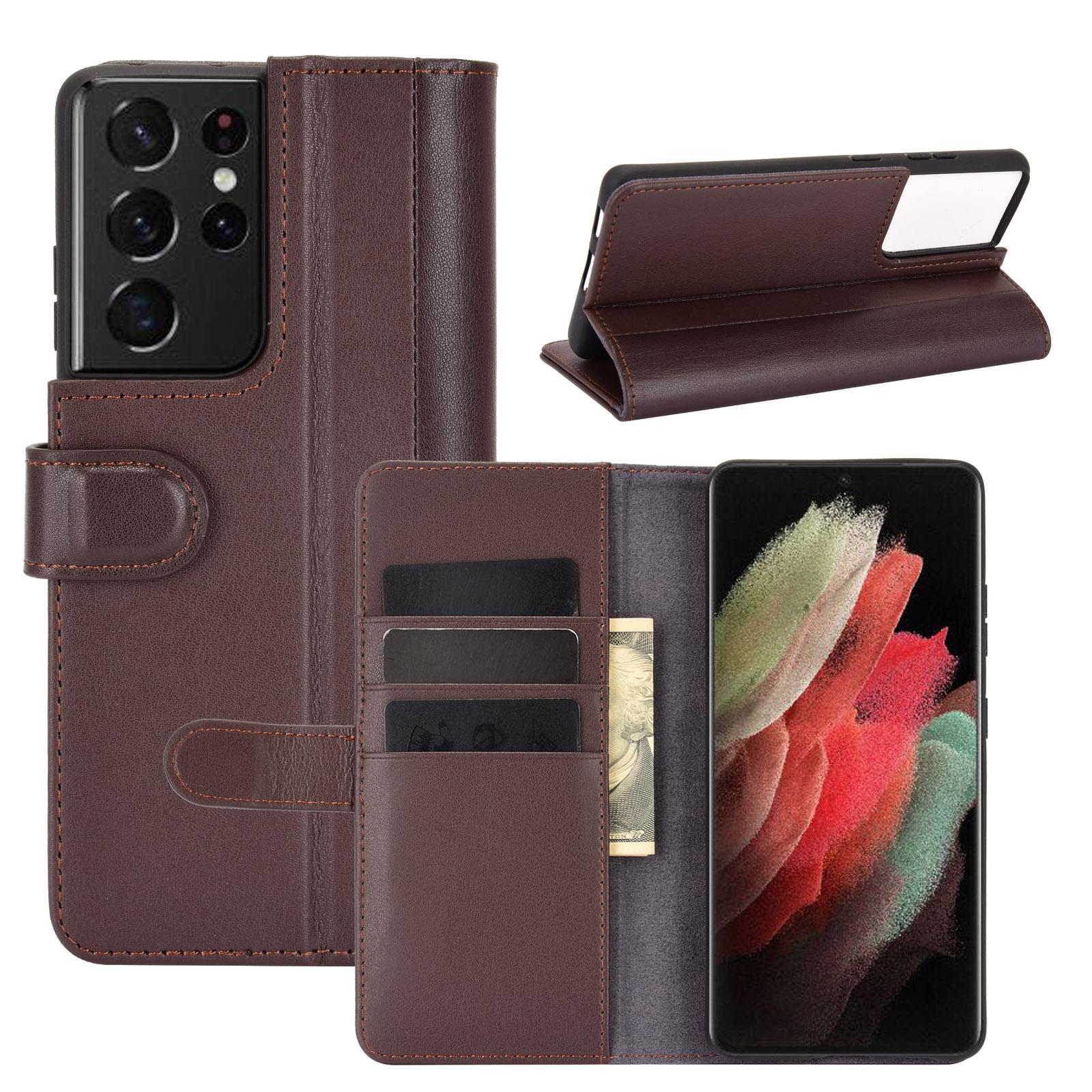 Custodia a portafoglio in vera pelle Samsung Galaxy S21 Ultra, marrone