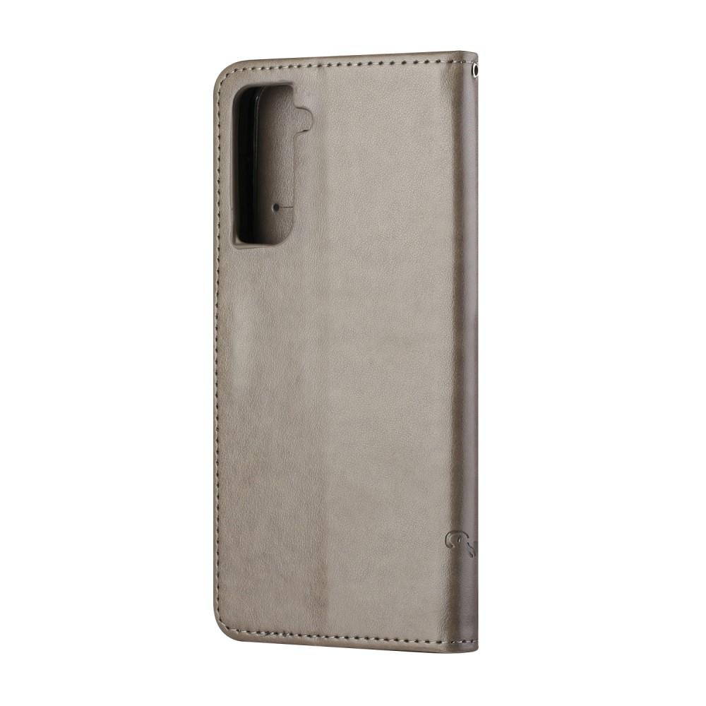 Custodia in pelle a farfalle per Samsung Galaxy S21 FE, grigio