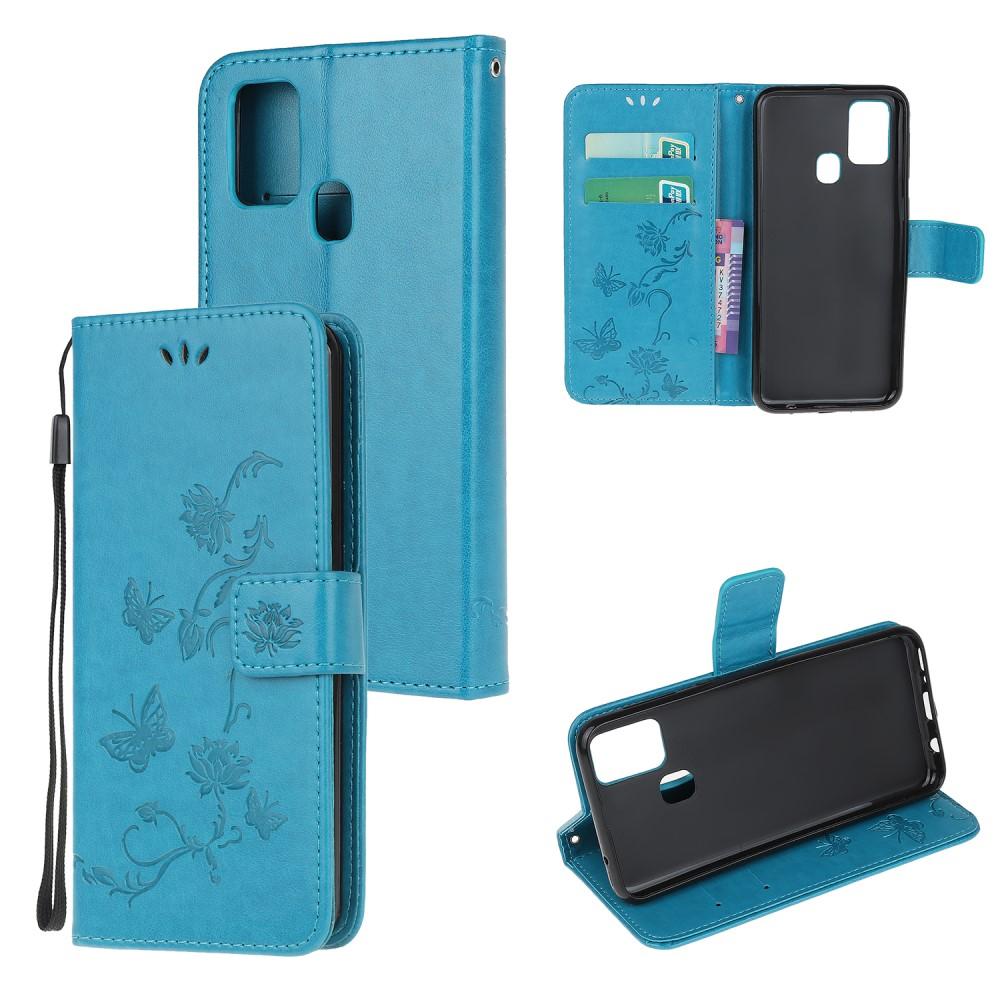 Custodia in pelle a farfalle per Samsung Galaxy A21s, Blu