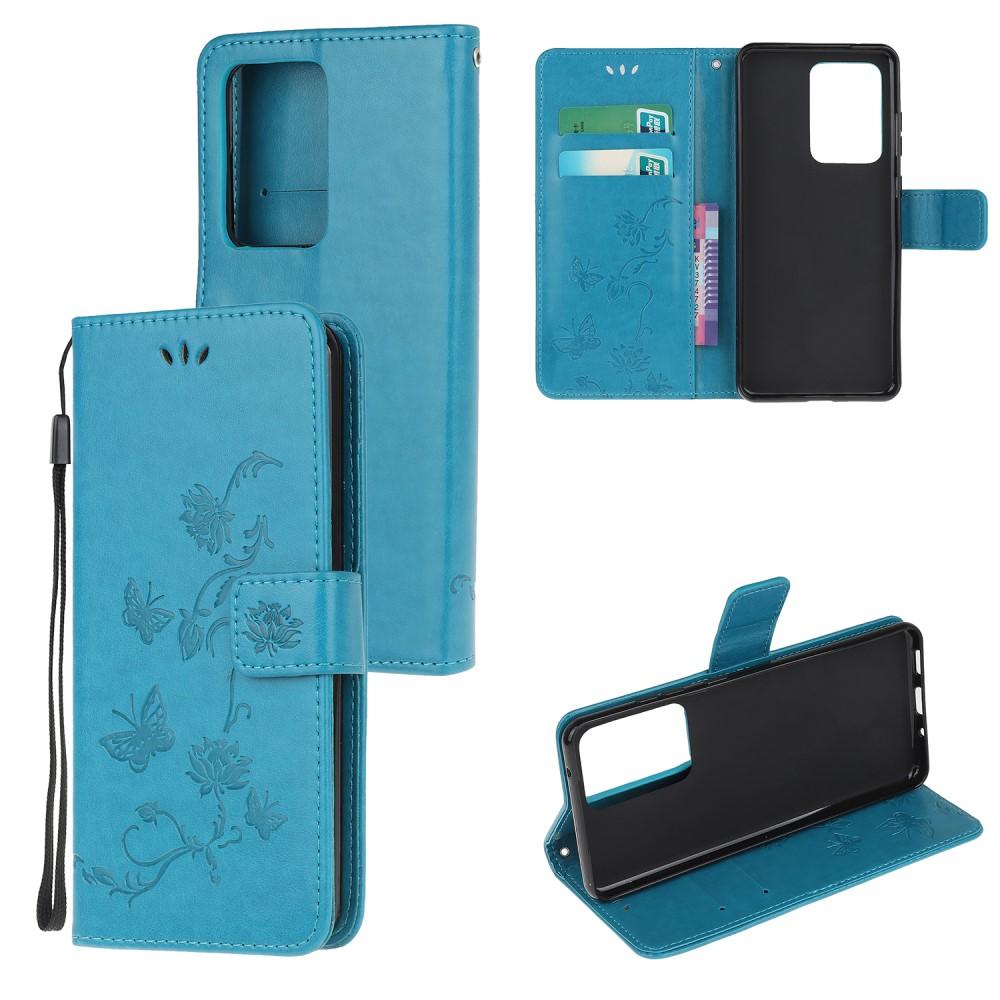 Custodia in pelle a farfalle per Samsung Galaxy S21 Ultra, blu