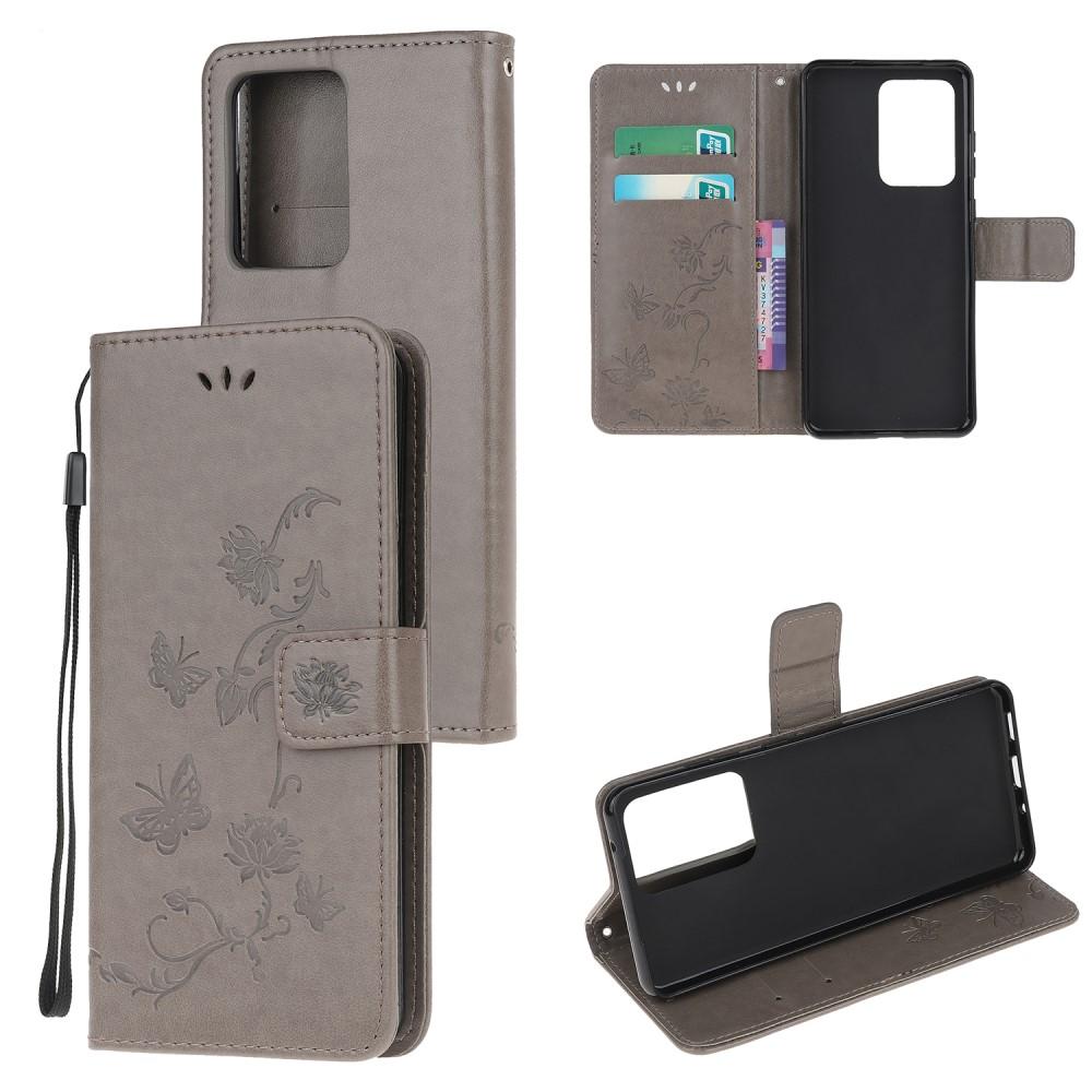 Custodia in pelle a farfalle per Samsung Galaxy S21 Ultra, Grigio