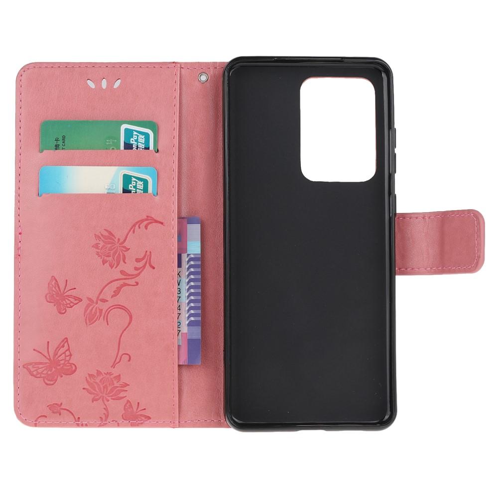 Custodia in pelle a farfalle per Samsung Galaxy S21 Ultra, rosa