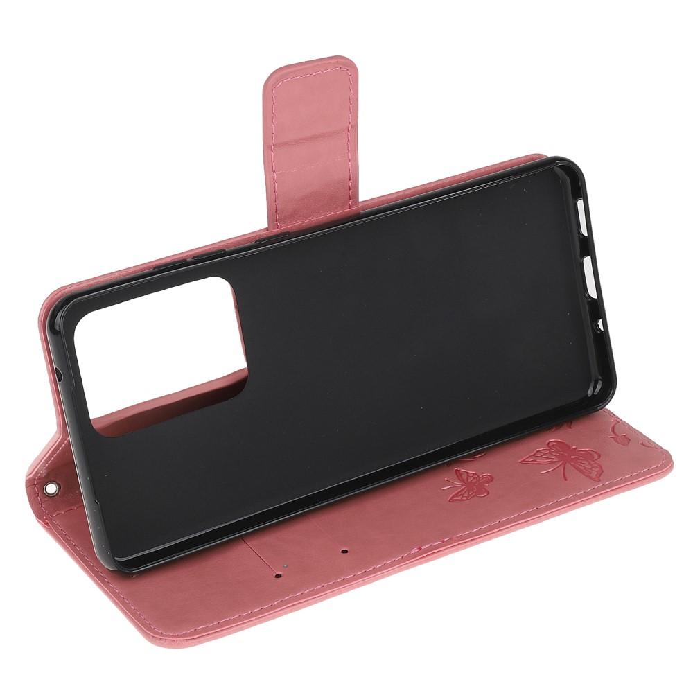 Custodia in pelle a farfalle per Samsung Galaxy S21 Ultra, rosa